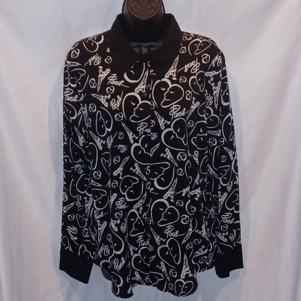 Catherine Malandrino Black Paris Print Snap Front Long Sleeve Blouse